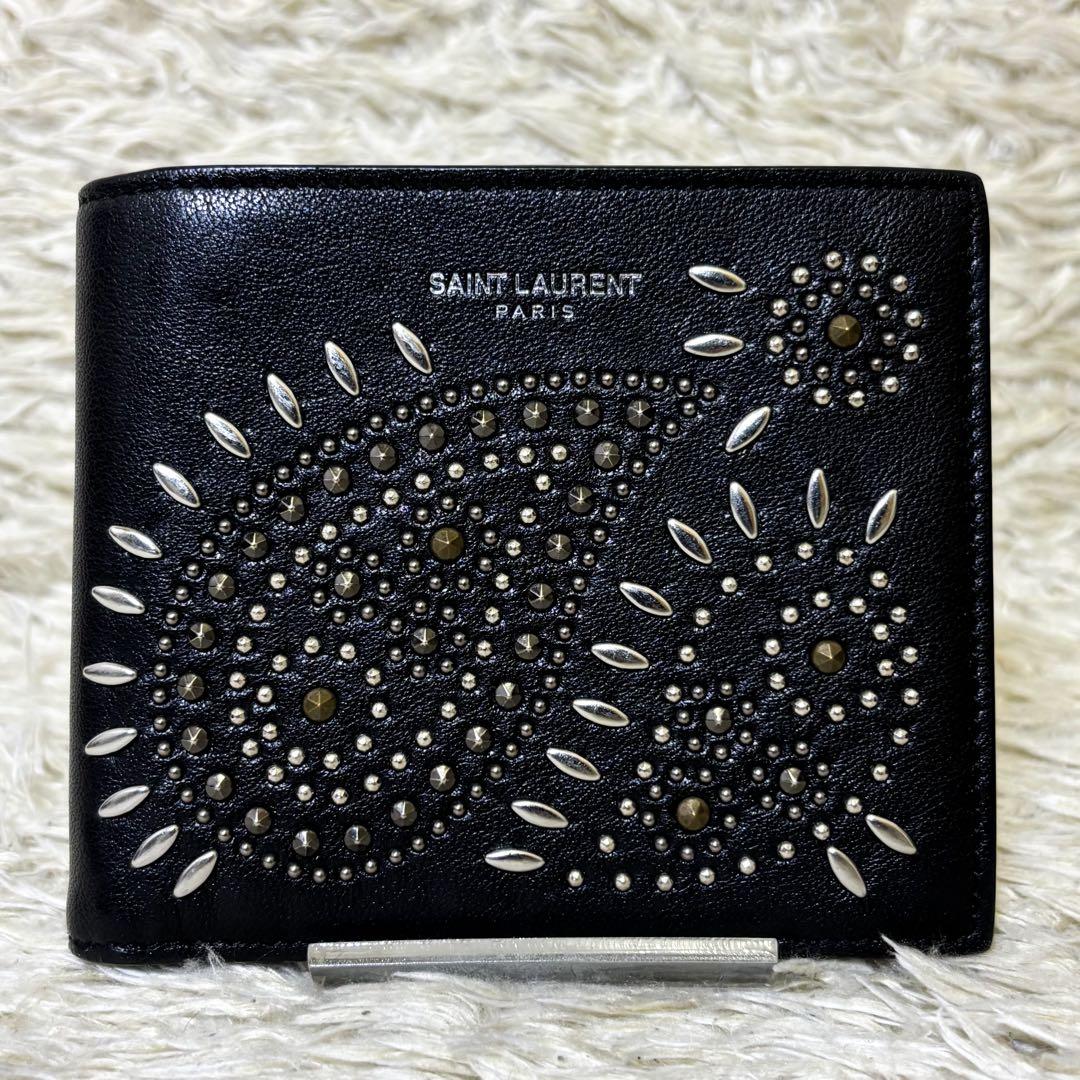 希少【美品】サンローラン 二つ折り財布 スタッズ ペイズリー ブラック 黒