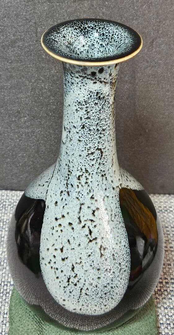 七代 清水六兵衛窯　釉斑 鶴首 瓶　花入れ　花瓶　共箱　茶道具　茶器　オブジェ