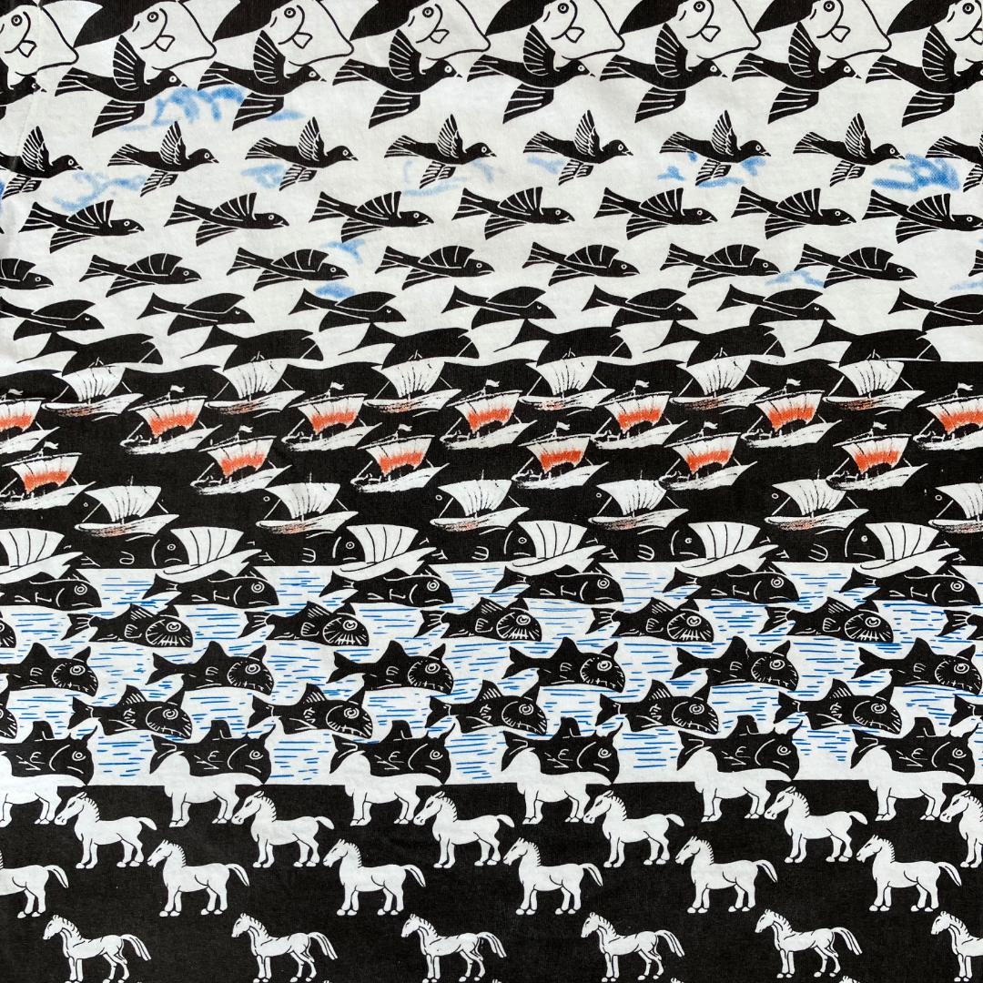 B*E様 90s エッシャー M.C.Escher 総柄 Tシャツ アート L