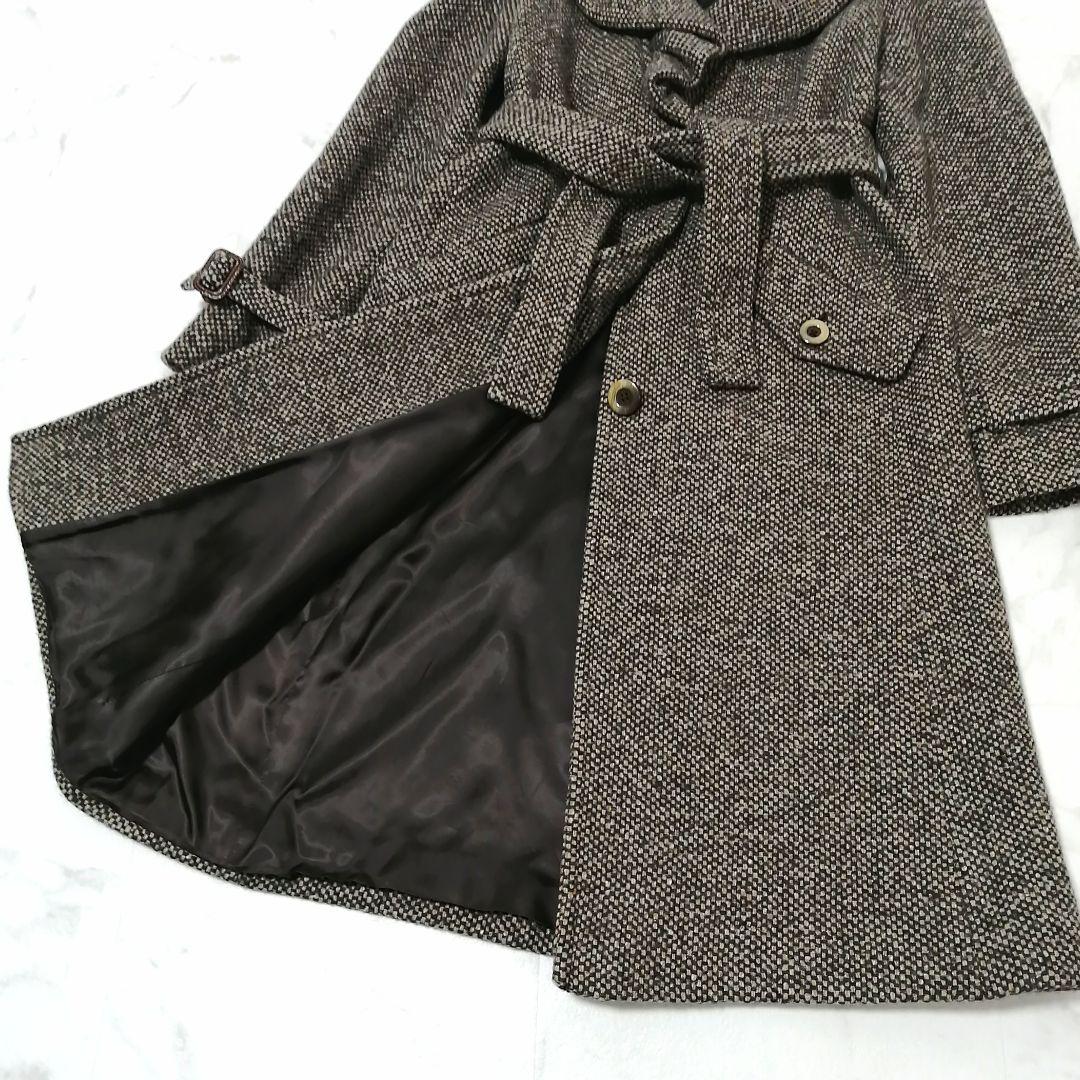 美品✨ マックスマーラ　ロングコート　ベルト　フリル　ミックスツイード　40　茶