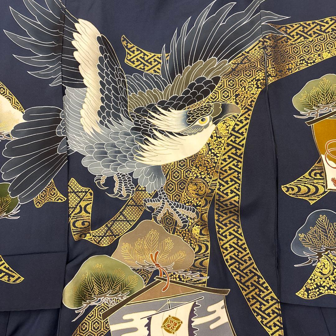 マー君新品男子正絹祝着京友禅大鷹多色手描き染、特選豪華金彩熨斗宝船大王松文