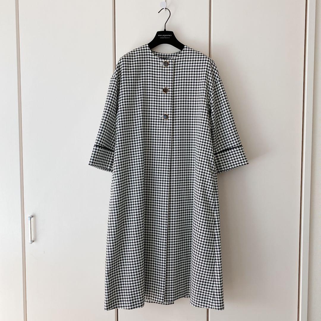 新品　22SS メルローズ　ティアラ　ギンガムノーカラーコート　ロングコート