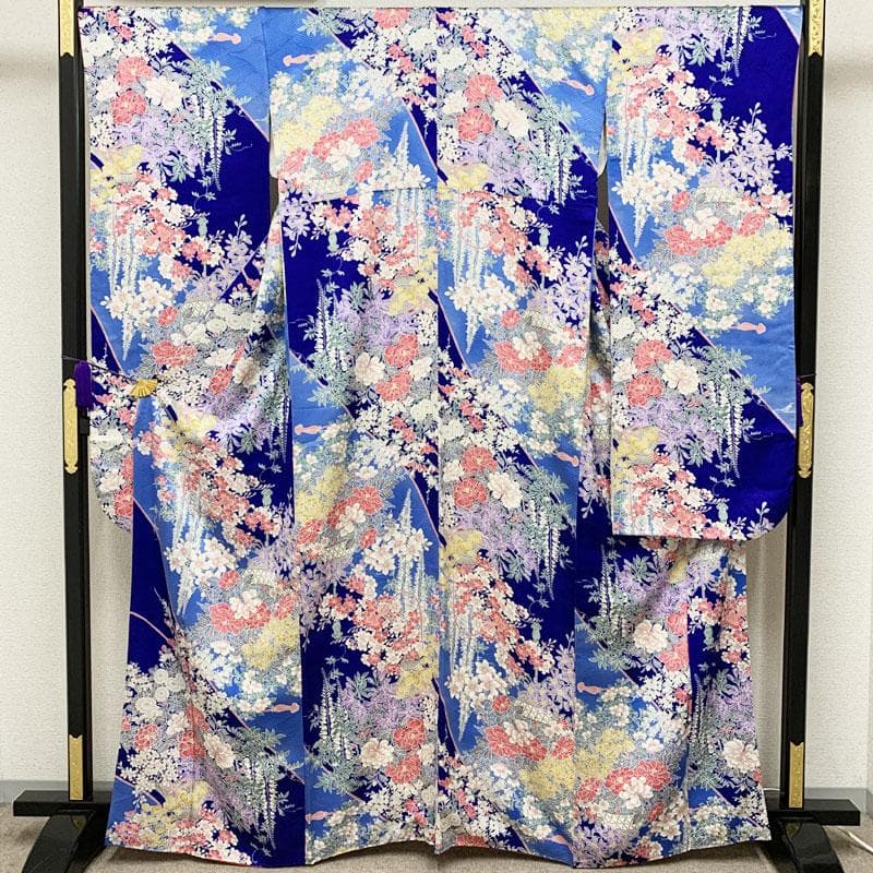 むぎこ602z54.401u59☆中振袖 古典柄 地紋 小紋柄 青☆美品