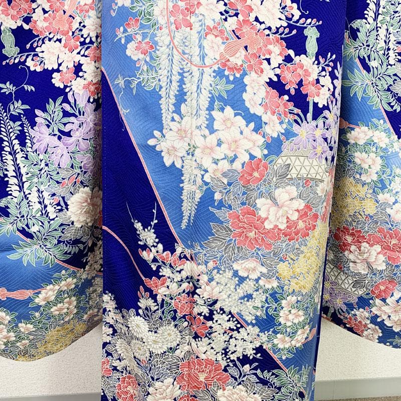 むぎこ602z54.401u59☆中振袖 古典柄 地紋 小紋柄 青☆美品