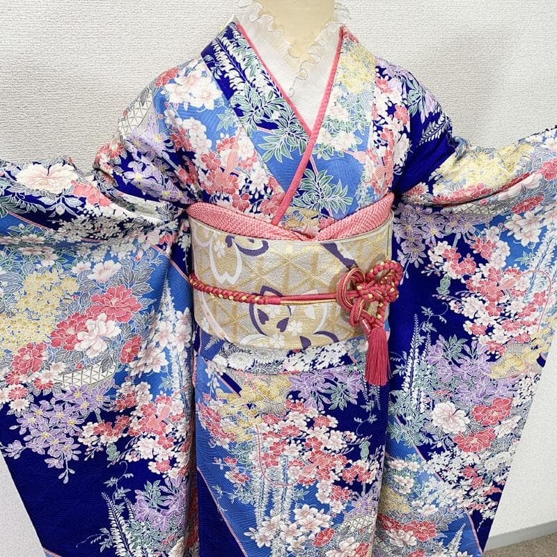 むぎこ602z54.401u59☆中振袖 古典柄 地紋 小紋柄 青☆美品