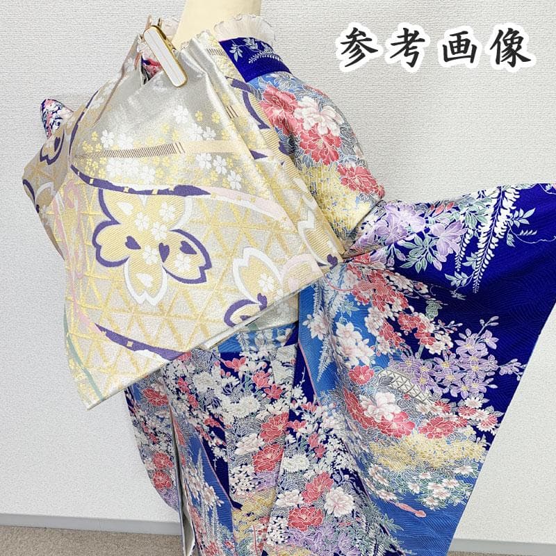 むぎこ602z54.401u59☆中振袖 古典柄 地紋 小紋柄 青☆美品