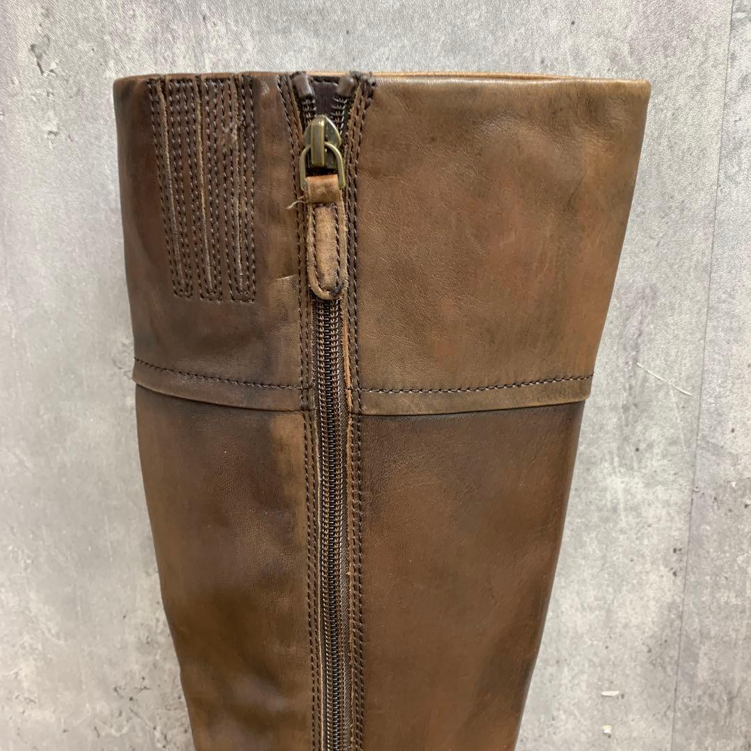 3F 【本革】ロングブーツ ブラウン 23.5cm サイドジップ チャンキーヒー