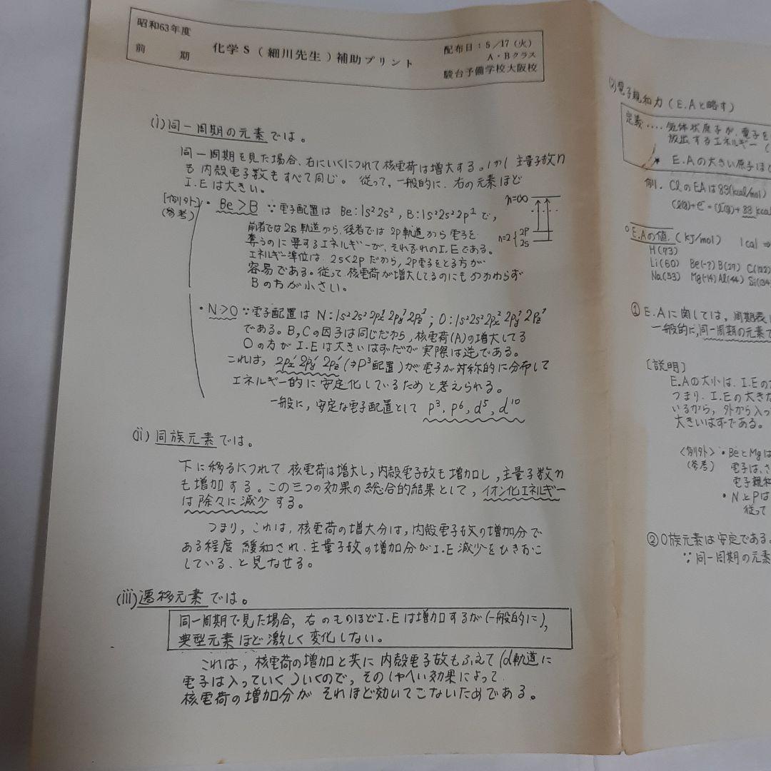 駿台テキスト　化学 S　細川先生　1988年 前期