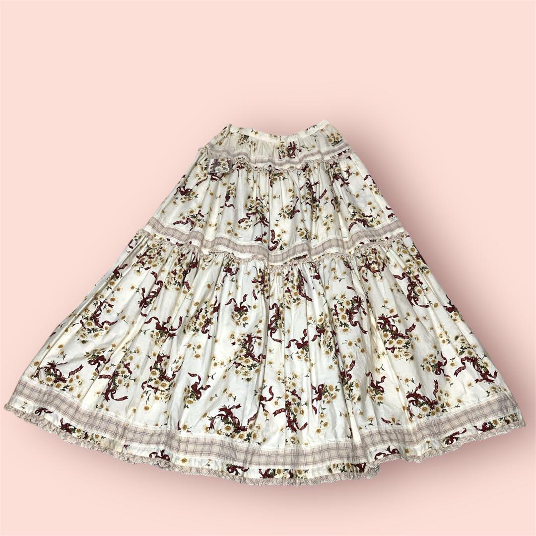 未使用級 ピンクハウス ロング フレア フリル 花柄 リボン レース スカート
