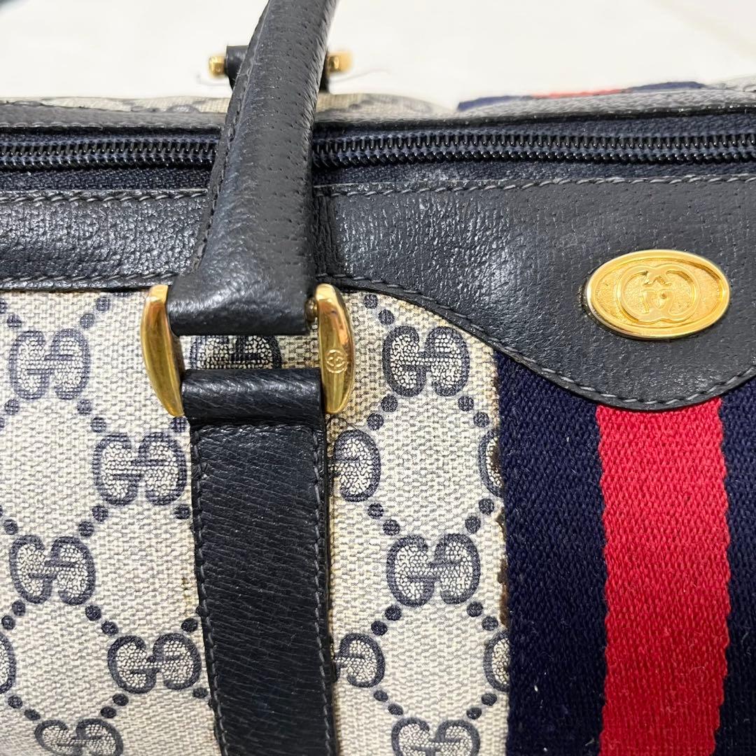 GUCCI MINIボストンバッグ ベージュ/ネイビー/レッド