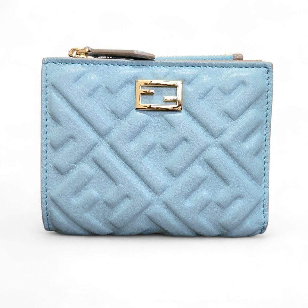 極美品✨フェンディ ズッカ レザー コンパクトウォレット 二つ折り財布　ブルー