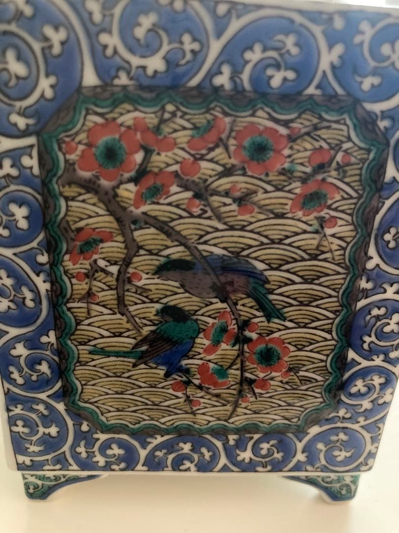 九谷焼 香籠 九谷 花鳥唐草 角香炉 白雅作