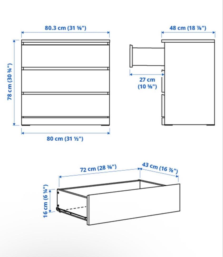 Min　美品IKEA MALM(マルム) チェスト 3段　幅80