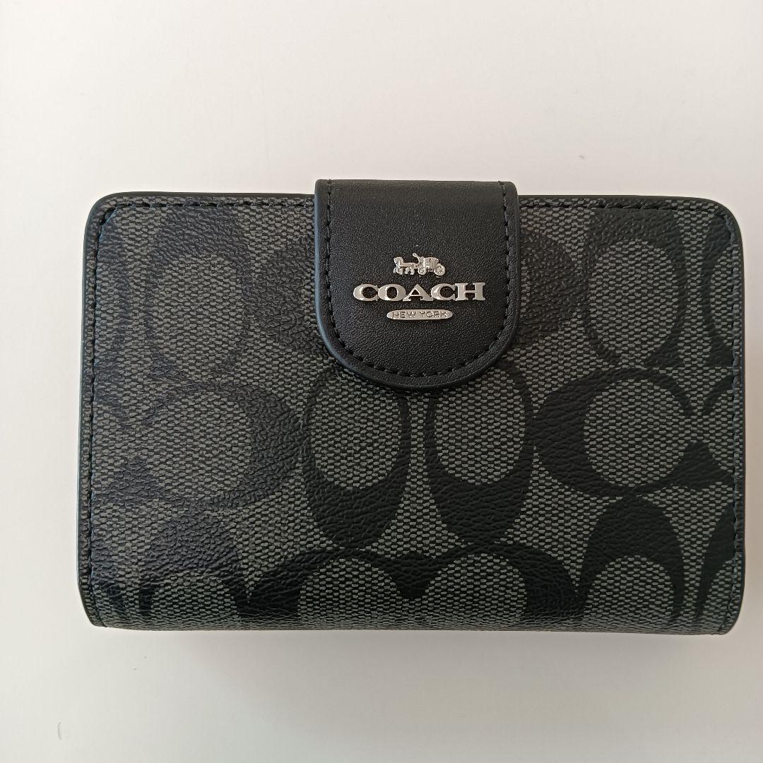 新品　COACH 長財布　コーチ　二つ折り財布 ブラック シグネチャー シルバー