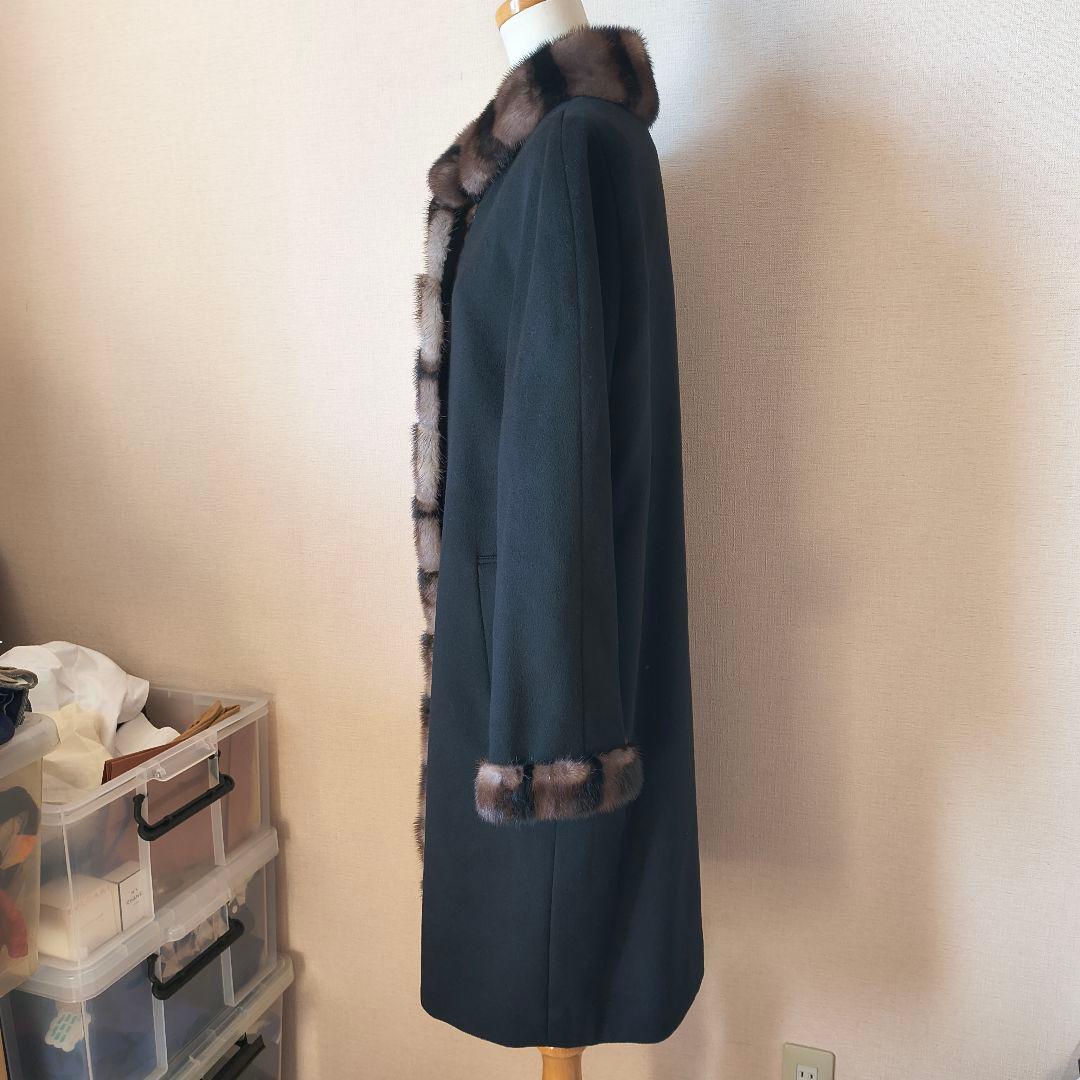 Dazur 毛皮の襟付き 黒 ロングコート F カシミヤ100% ミンク