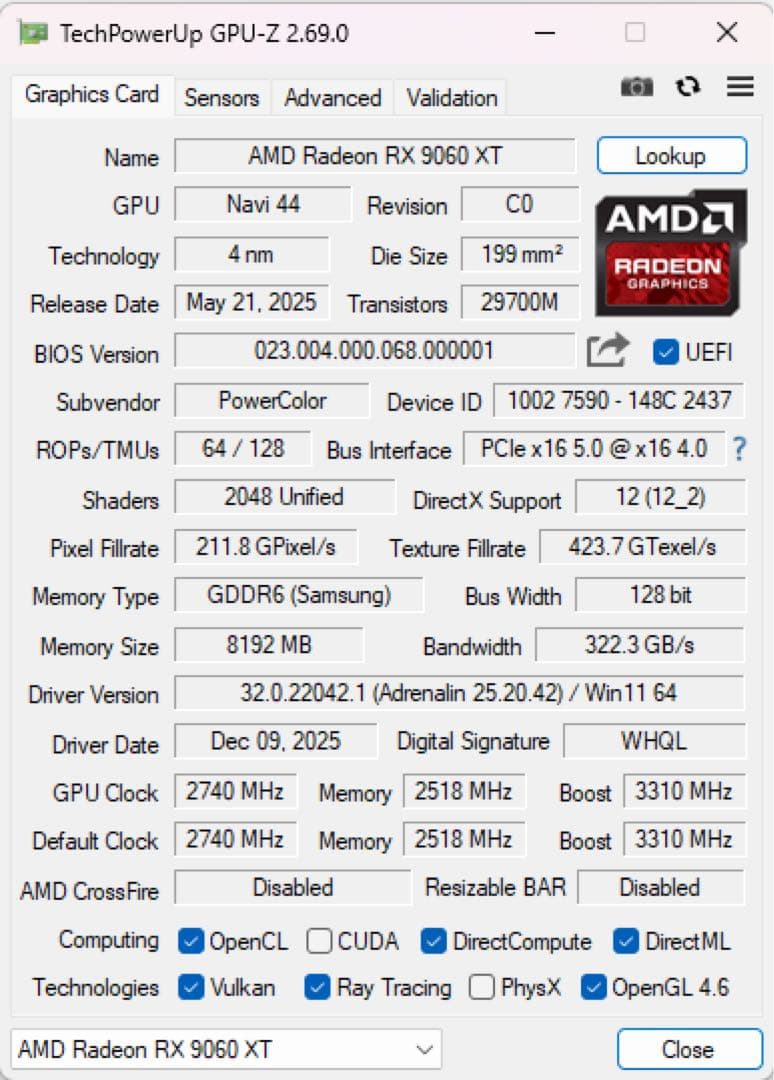 グラフィックボード・グラボ・ビデオカード PowerColor Radeon RX 9060 XT 8GB