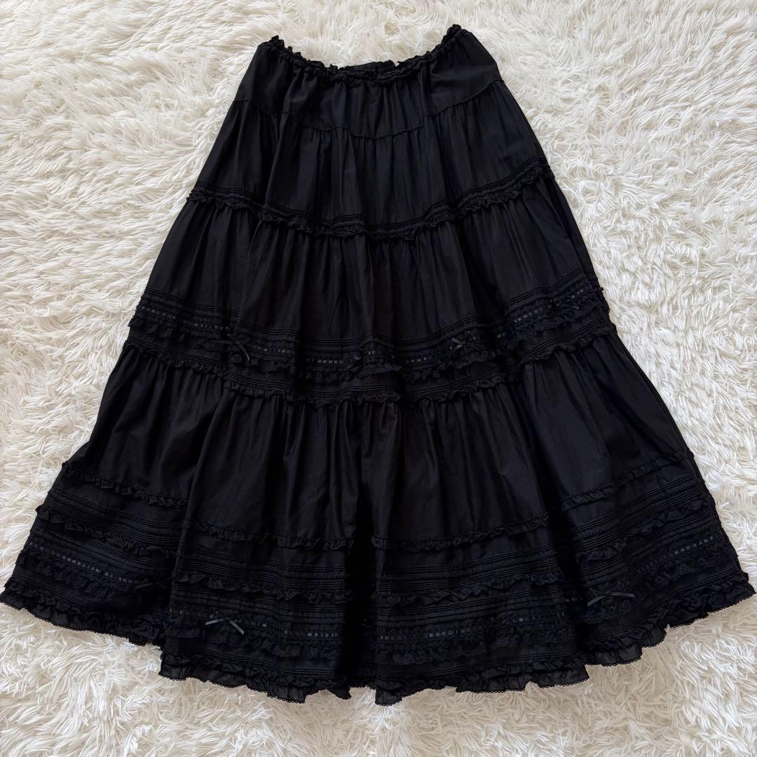 PINK HOUSE　レース　ピコフリル　黒　ロング丈スカート◆A1275