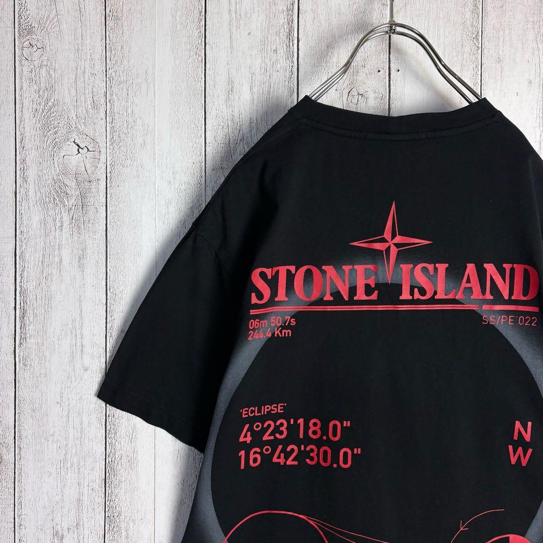 6253【美品・Lサイズ】ストーンアイランド☆両面プリントロゴTシャツ 黒 赤