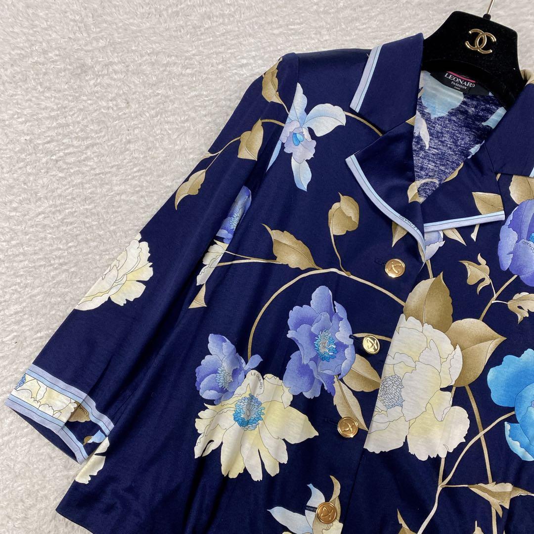 美品・レオナール　LEONARD ネイビー フローラル ジャケット　紺　L