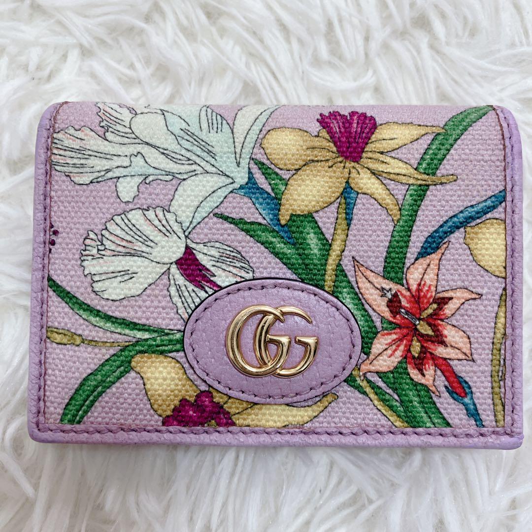 美品 グッチ 二つ折り財布 GGマーモント フローラ パープル 日本限定