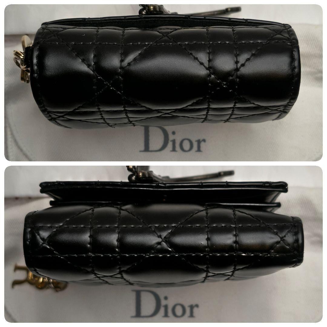 【美品】ディオール 三つ折財布 ロータス カナージュ エナメル ラムスキン／黒K