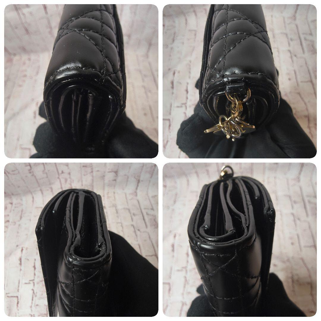 【美品】ディオール 三つ折財布 ロータス カナージュ エナメル ラムスキン／黒K