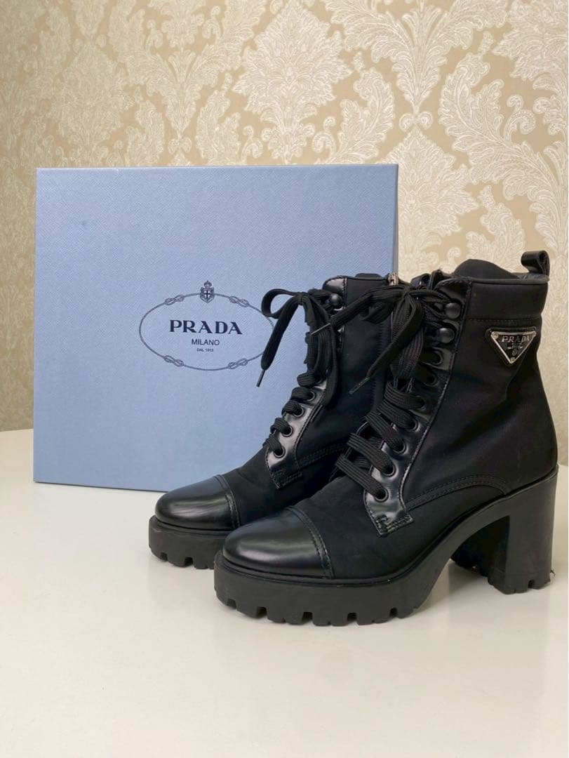 【極美品】PRADA プラダ モノリス ナイロン×レザー アンクルブーツ 37