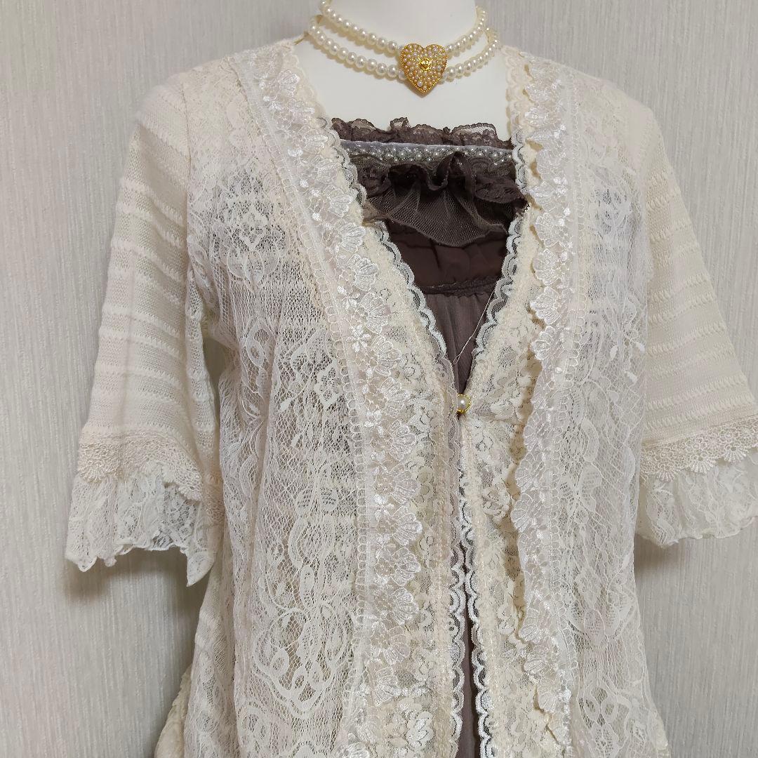 axes femme アイボリー レース 五分袖カーディガン