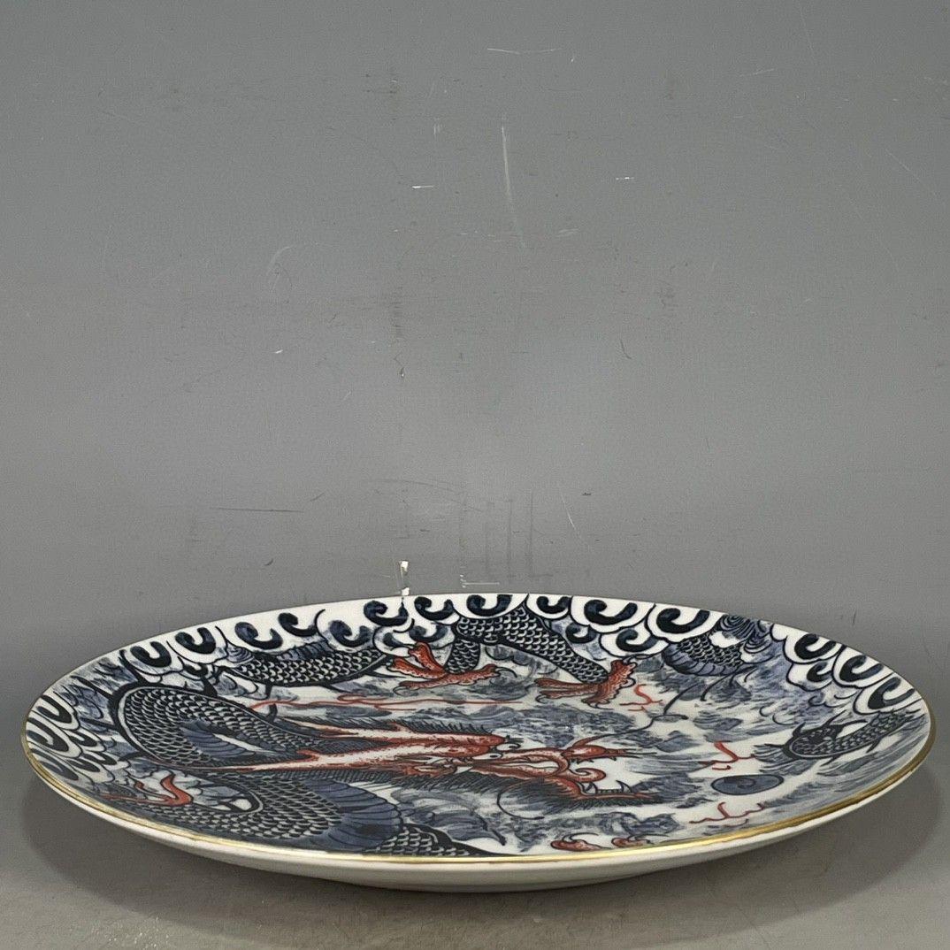 竜戯珠賞盤 景徳鎮 陶磁器 装飾品 現代工芸品 美術品 置物