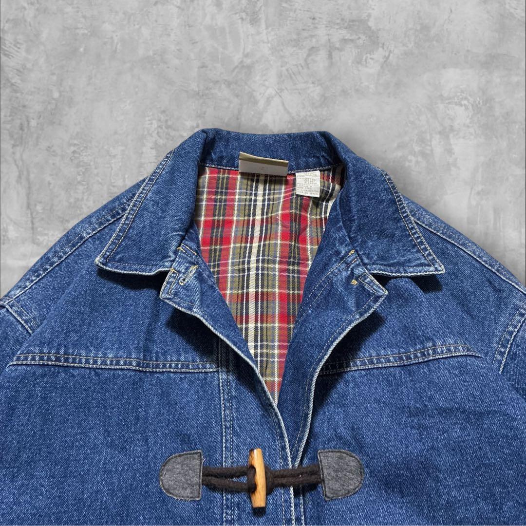 Liz Claiborne デニムダッフルコート チェック裏地 トグル L 古着