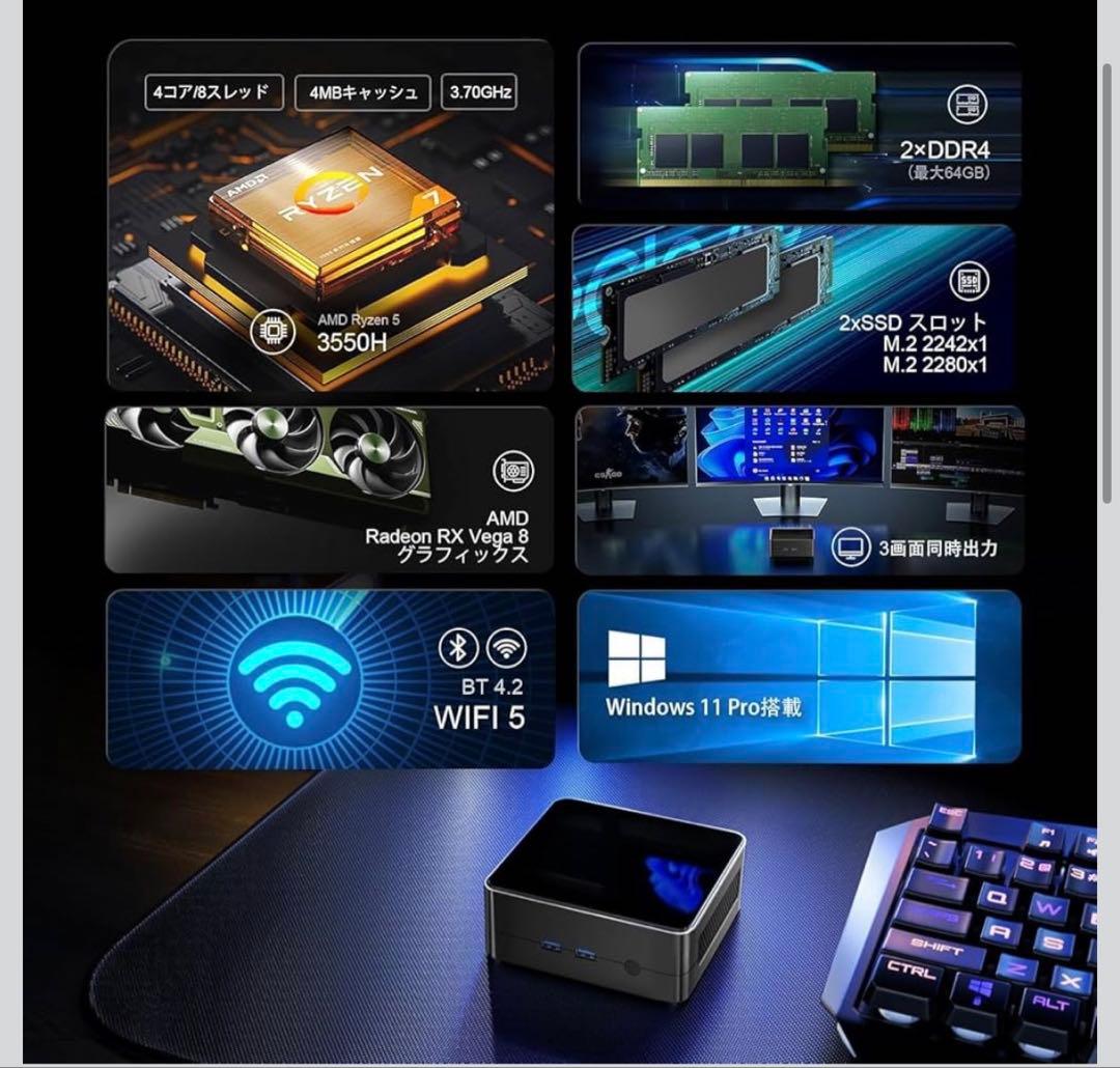 ミニPC AMD Ryzen 3550H SSD コア8スレッド 8GB 3画面
