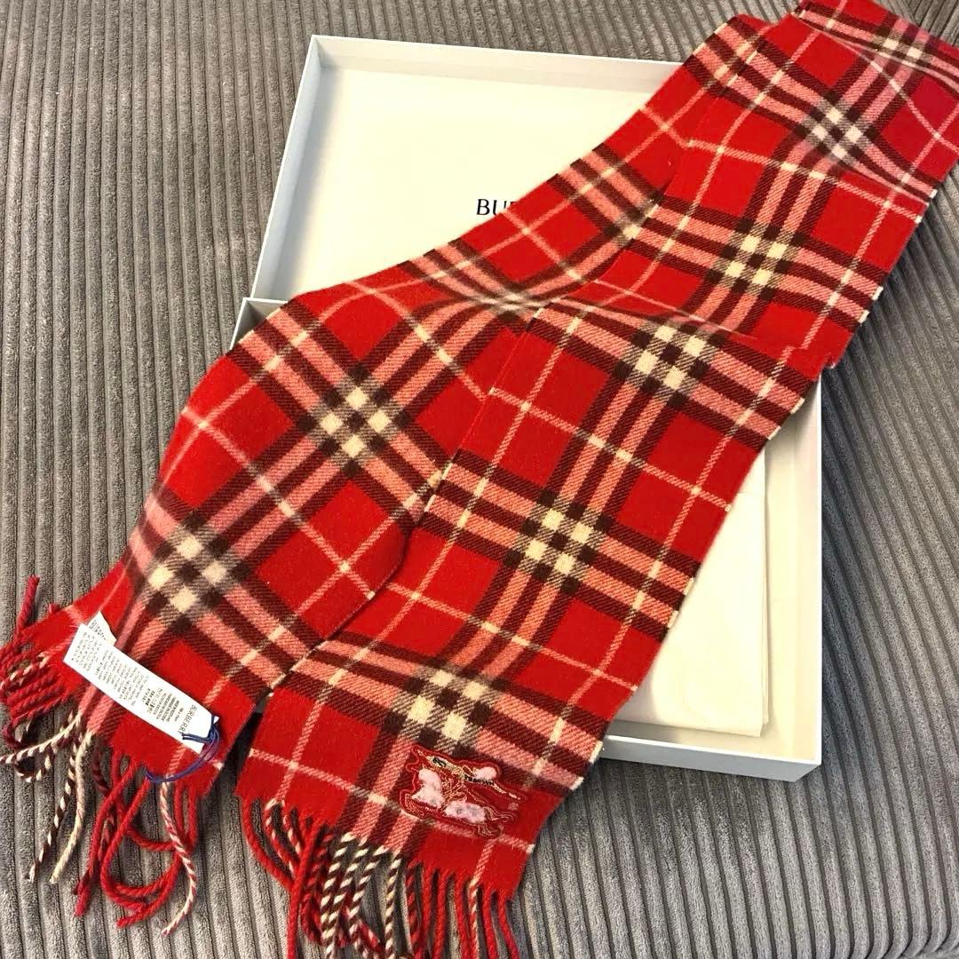 新品Burberry ナロー チェック カシミアスカーフマフラーバーバリー 赤