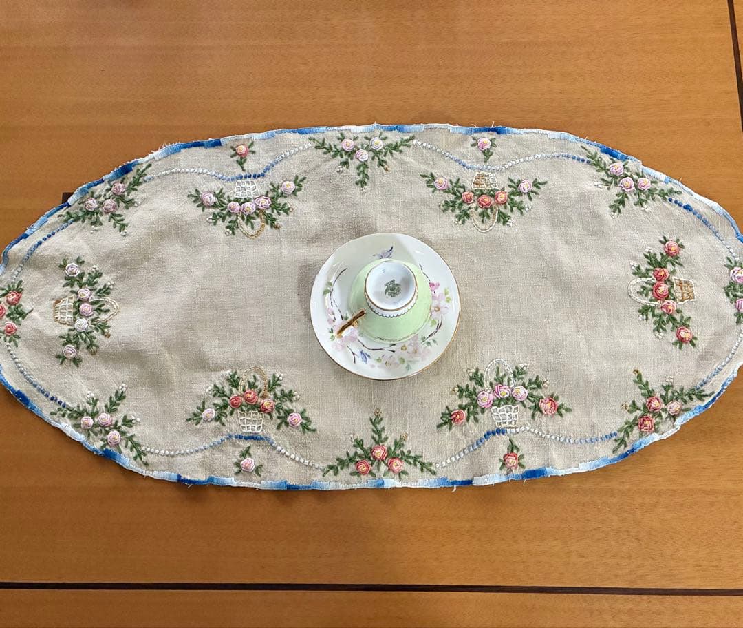 フランスアンティーク　ヴィンテージ*大きな花かご刺繍　ドイリー　かごカバー