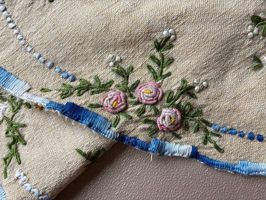 フランスアンティーク　ヴィンテージ*大きな花かご刺繍　ドイリー　かごカバー