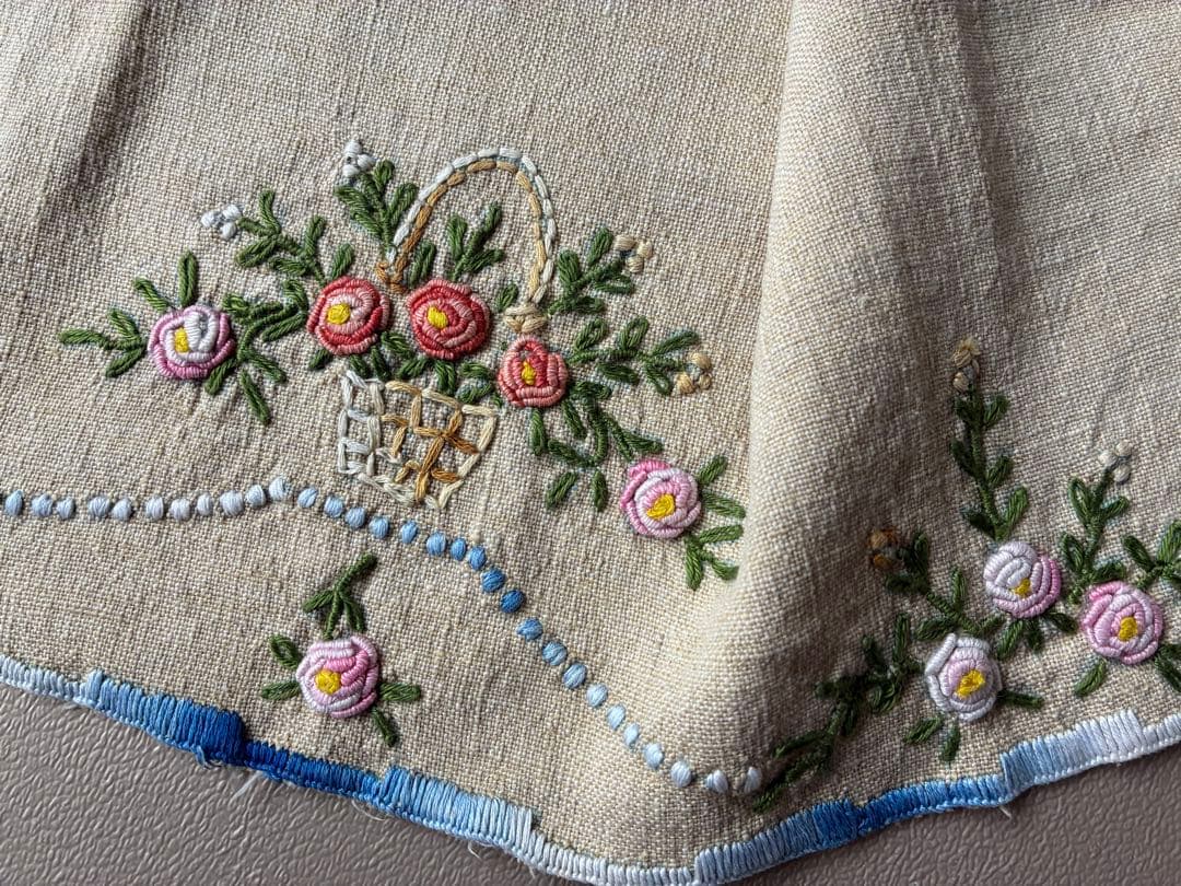 フランスアンティーク　ヴィンテージ*大きな花かご刺繍　ドイリー　かごカバー