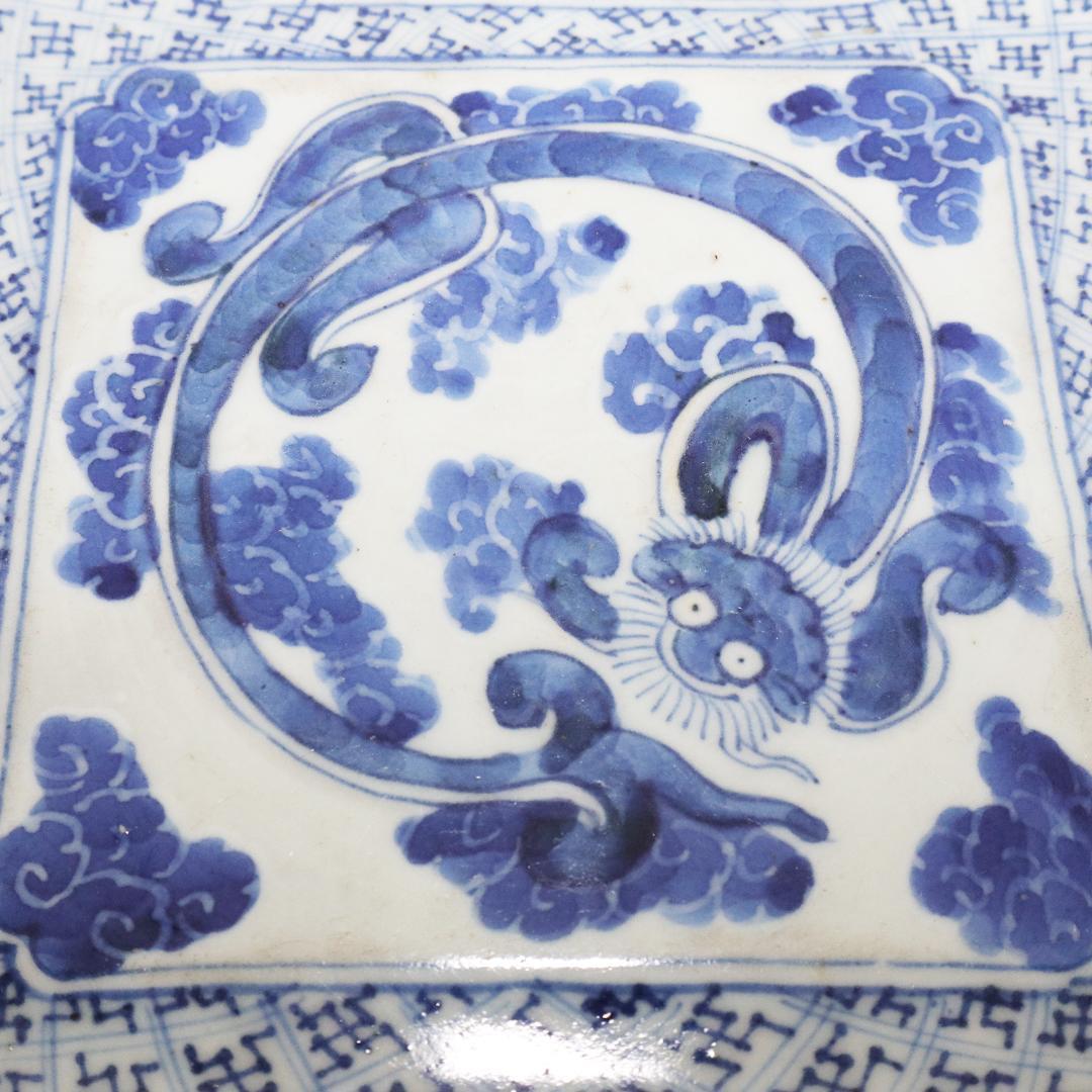 古伊万里 染錦 龍 唐獅子 牡丹　大平四方皿