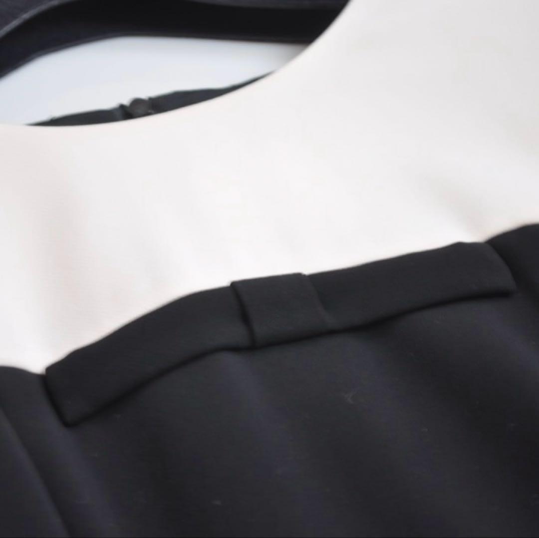 ルネ ♡ 上品 バイカラーワンピース 黒×アイボリー白 フロント小リボン