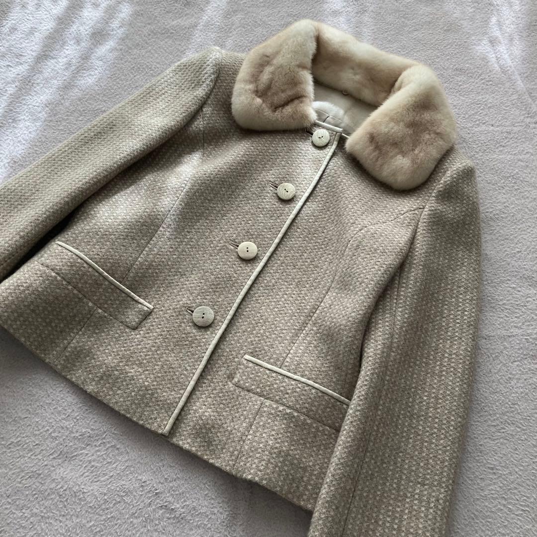 美品　FOXEY フォクシー　ミンク襟付きノーカラージャケット