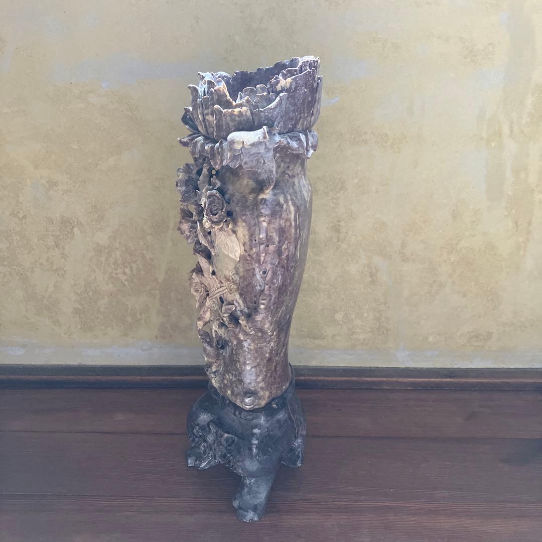 中国美術 石彫刻 細密彫刻 花瓶 45cm 中国 唐物 寿山石 骨董品 時代物