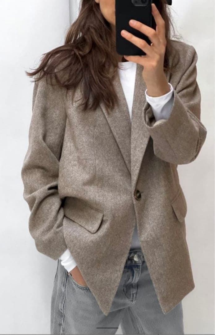 美品 ザラ ヘリンボーンウールブレンドストレートブレザー L