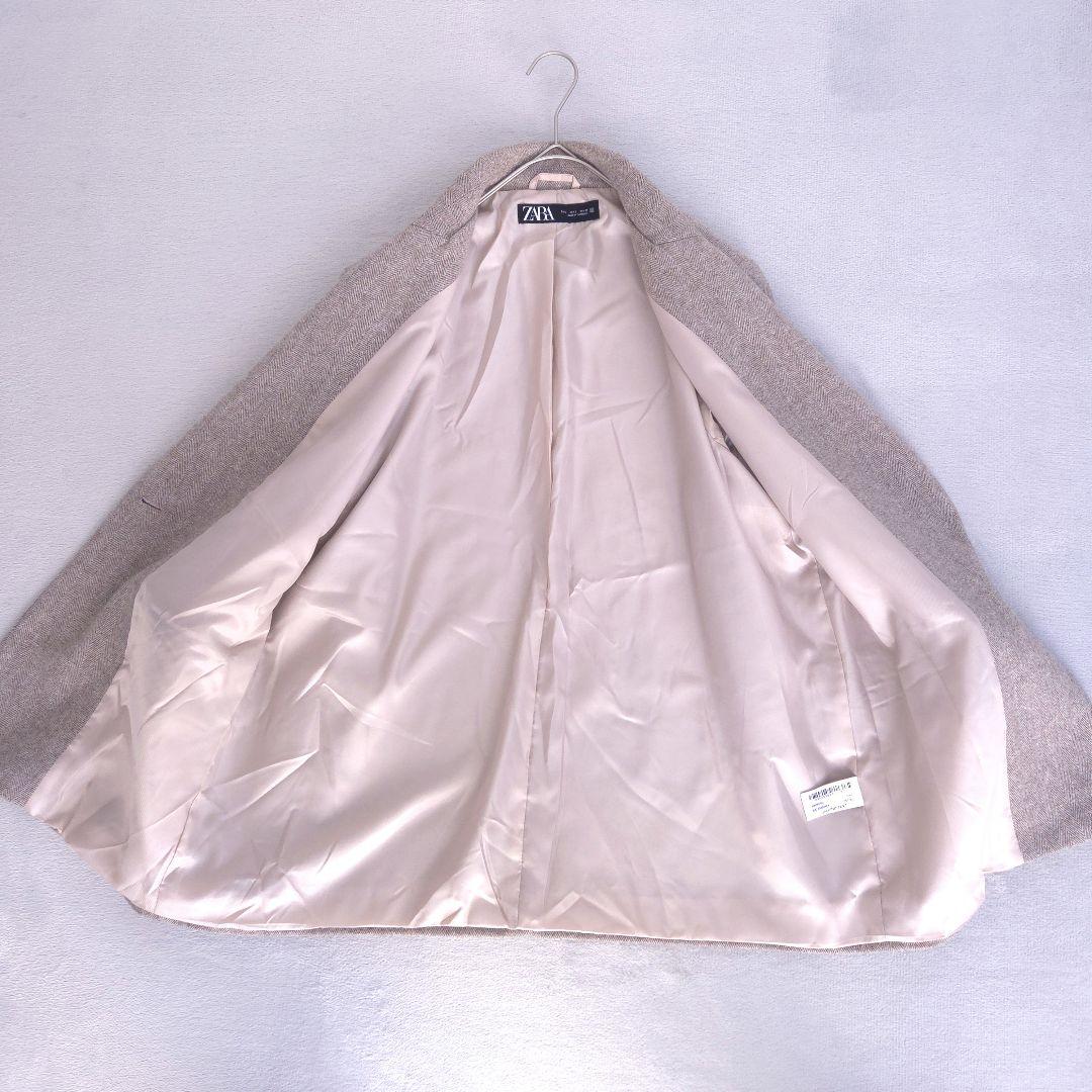 美品 ザラ ヘリンボーンウールブレンドストレートブレザー L