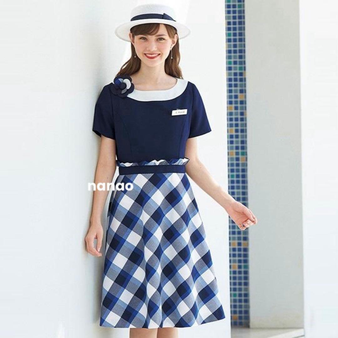 【新品タグ付き】アンジョア 事務服 13号 半袖ワンピース マリンブルーチェック