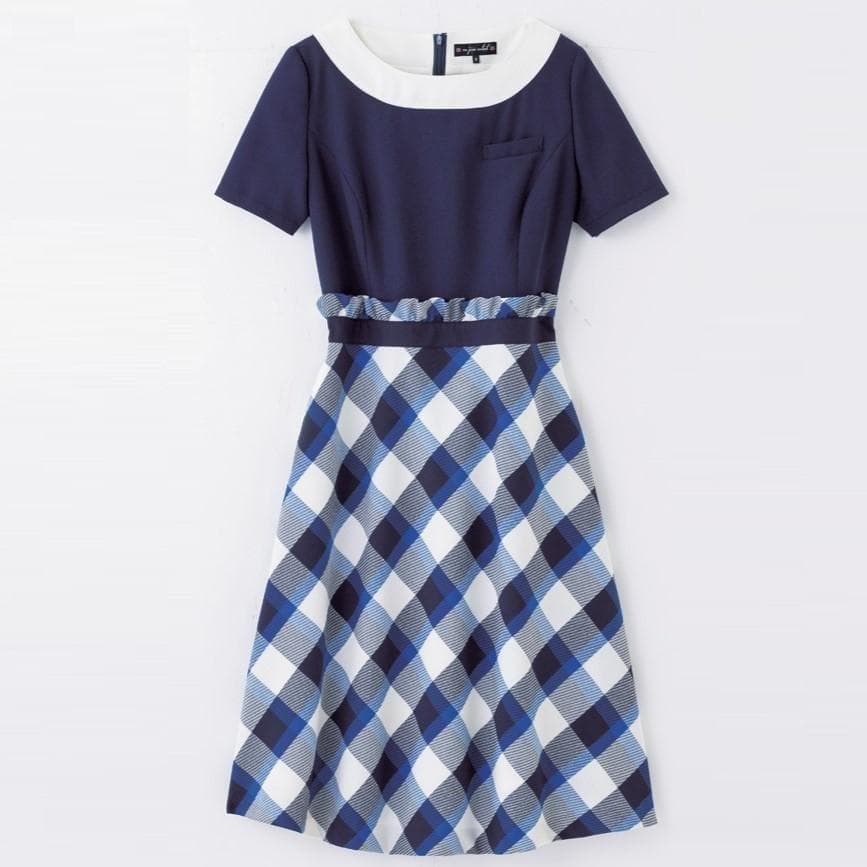 【新品タグ付き】アンジョア 事務服 13号 半袖ワンピース マリンブルーチェック
