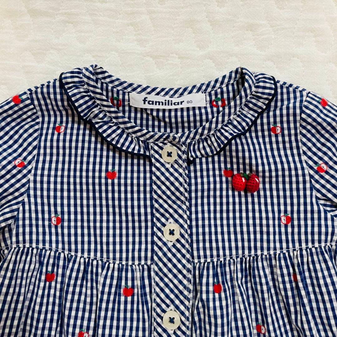 ファミリア　ブルーネイビーチェック　りんご刺繍ワンピース　８０