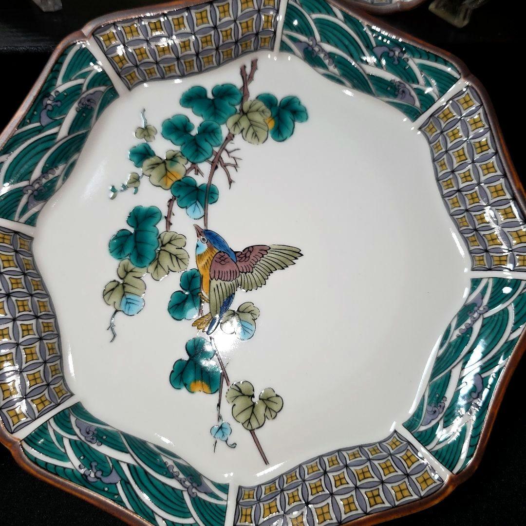 九谷焼　正峰　伊野正峰　花鳥文　6.5号八角皿揃　5枚　20.3cm