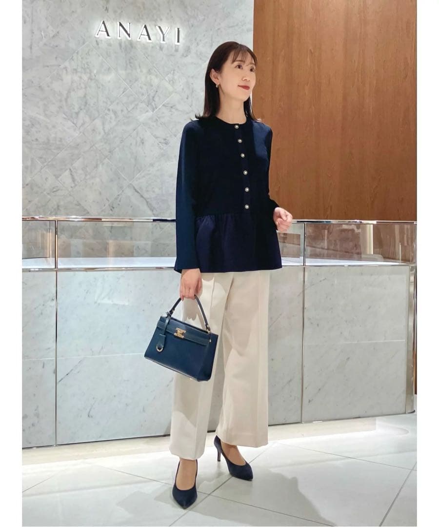 新品 25aw アナイ 布帛コンビペプラム カーディガン ネイビー セレモニー