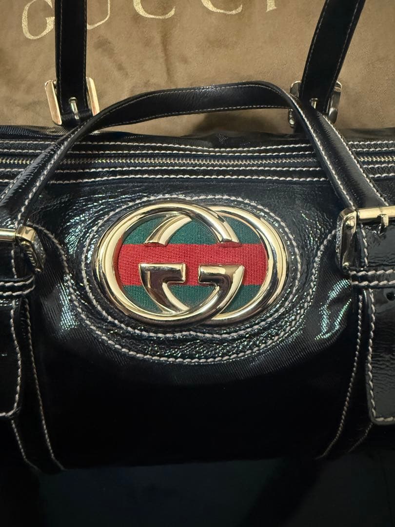 美品 GUCCI ブラック ボストンバッグ レザー インターロッキング