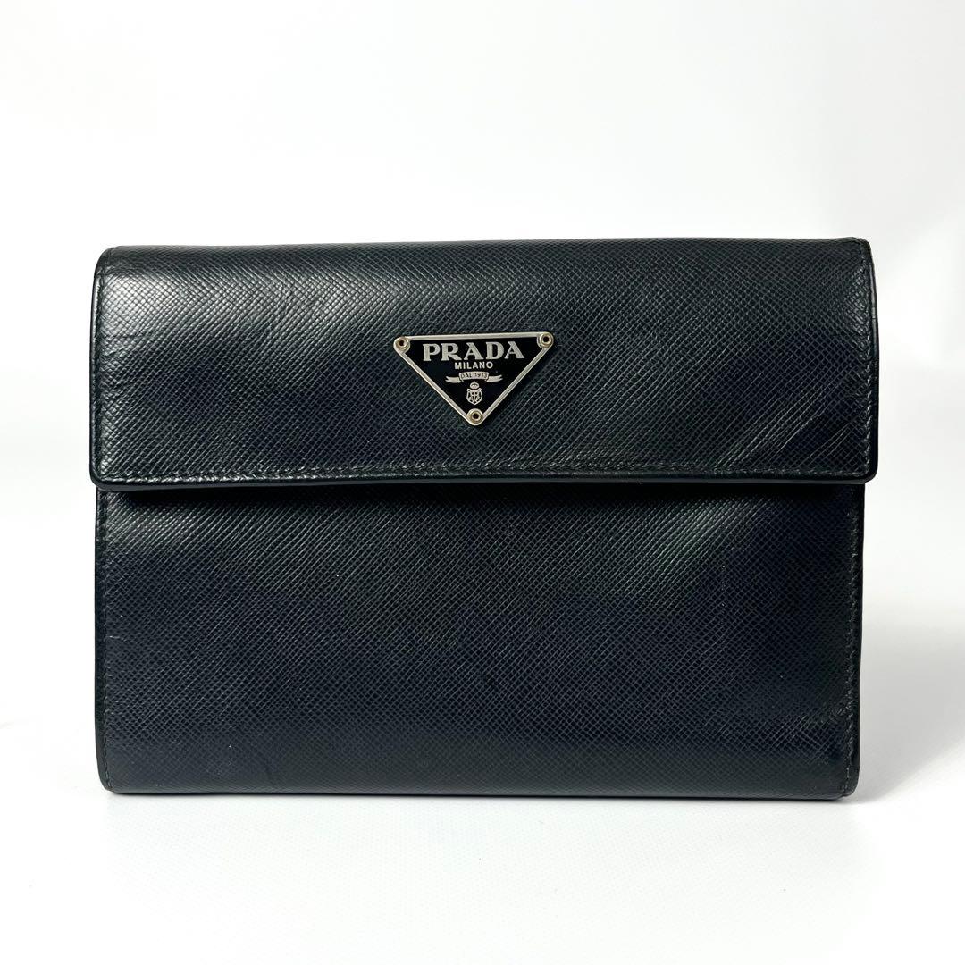 希少✨PRADA プラダ 三つ折り財布 三角ロゴ サフィアーノレザー ブラック