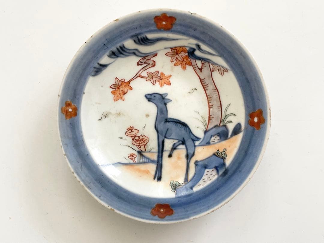 骨董　アンティーク　古伊万里　色絵　鹿に紅葉　霊芝　小皿　丸皿