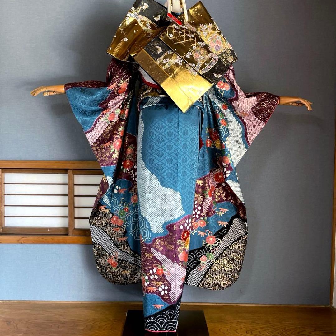 やっぴーママページ　絞り　手刺繍　成人式振袖　振袖　裄丈70 ➕サイズ　青